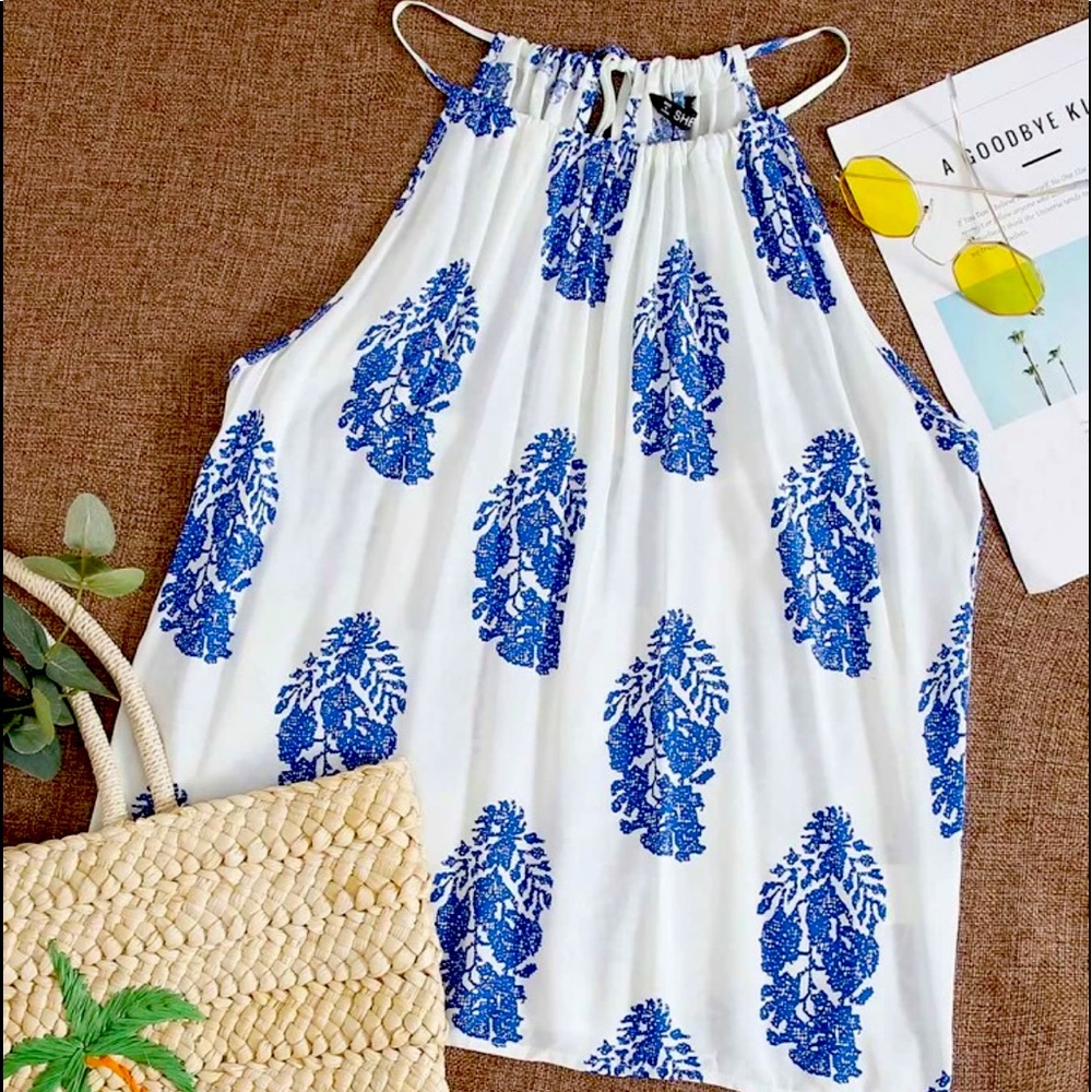 White and blue boho halter tank top. Size Large. NWOT